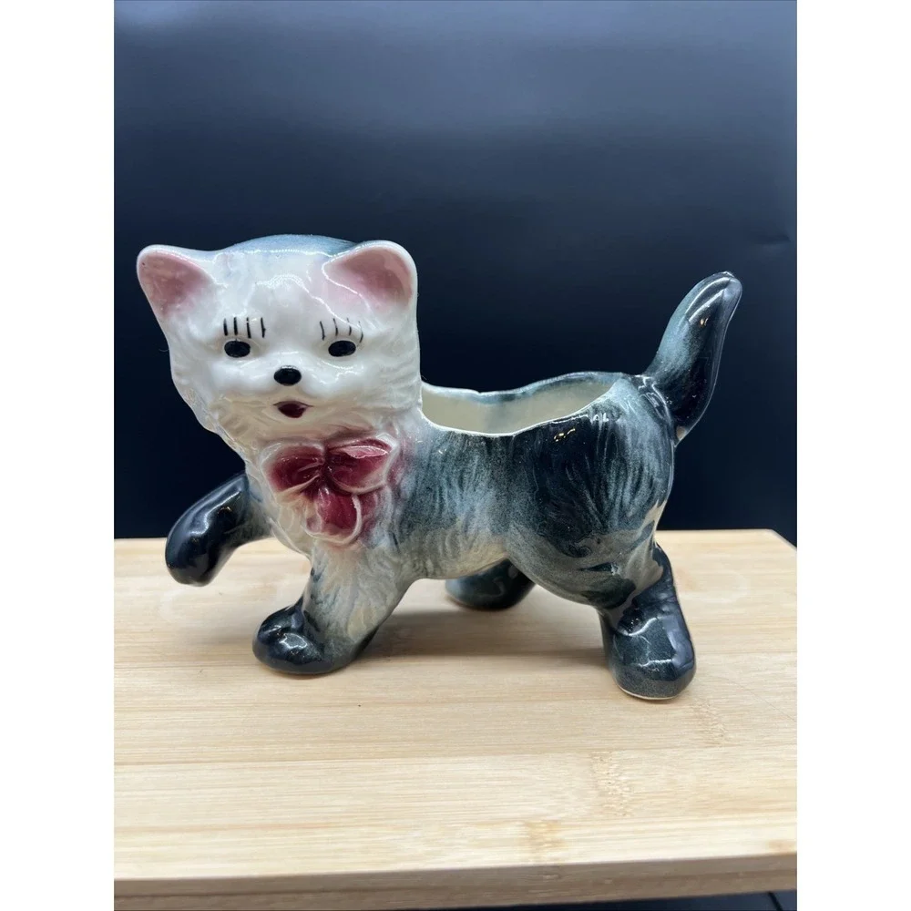 Cat Kitty Shawnee Pottery Walking Cat Planter 1950's Vintage Bow glossy